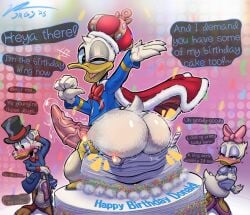 anatid anseriform anthro ass avian balls big_balls big_butt big_penis bird birthday_cake blush bodily_fluids bow_ribbon bubble_butt cake candle cane cape clothed clothing crown daisy_duck dessert disney donald_duck duck embarrased_horny embarrassed embarrassed_male english_text erection female food genitals group hat headgear headwear hi_res hiding_erection huge_balls huge_cock hyper hyper_balls hyper_genitalia hyper_penis looking_at_butt looking_at_viewer male male_focus male_only musk musk_clouds musky_balls musky_butt musky_penis partially_clothed penis scrooge_mcduck sitting_on_food sweat sweatdrop sweaty_balls sweaty_butt sweaty_genitalia tapering_penis text top_hat trio v3rg3