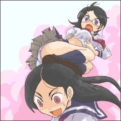 sayonara_zetsubou_sensei kitsu_chiri fujiyoshi_harumi 2girls female female_only pixel_art school_uniform uniform serafuku seifuku short_hair black_hair long_hair purple_eyes flying_kick breasts kicking 00s 2000s 2008 surprised socks underwear panties empty_eyes ass big_ass butt pantyshot parted_bangs lowres low_res unknown_source