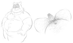 2025 anthro belly bottomwear clothing erection genitals male mammal overweight overweight_male pants penis procyonid raccoon rascal_(robot_dreams) robot_dreams shirt simple_background smile solo topwear tute_bear white_background