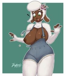 2018 anthro big_breasts bovid breasts brown_skin caprine clothing dark-skinned_female dark_skin domestic_sheep ewe eyebrows eyelashes female flower freckles fur green_eyes hair hi_res holly_(juicydemon) huge_breasts juicydemon mammal nipples one_breast_out overalls plant pompadour sheep signature simple_background solo standing wardrobe_malfunction white_eyebrows white_fur white_hair wide_hips wool