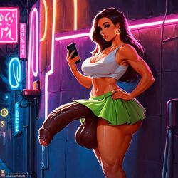 1futa ai_generated ass bimbo_lips breasts brown_hair dark-skinned_futa dark_penis earrings foreskin futa_focus futa_only futanari holding_object holding_phone large_breasts large_penis large_testicles long_hair looking_at_viewer makeup navel precum precum_drip precum_string prostitute prostitution skirt solo street tank_top testicles thick_thighs uncircumcised uncircumcised_futa uncircumcised_penis veiny_penis viralcat