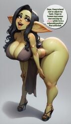 ai_generated bending_forward bending_over child_bearing_hips goblin goblin_female green_skin huge_ass huge_breasts long_hair original playfulcrit slim_waist smiling speech_bubble teasing thick_thighs voluptuous_female wide_hips
