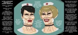 blonde_hair brown_hair caption choker female_only femdom glasses mature_female meaty_face mommy muscular muscular_face nurse nurse_uniform prostitute prostitution red_lips sweating vkorg