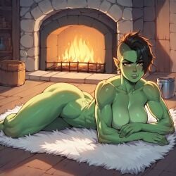 1girls ai_generated big_breasts black_hair blush breasts cozy draw_me_like_one_of_your_french_girls female fireplace green-skinned_female green_skin indoors looking_at_viewer muscular muscular_female nowrin orc orc_(warcraft) orc_female rug short_hair sidecut solo solo_female stable_diffusion thick_thighs thighs tomboy warcraft world_of_warcraft yellow_eyes