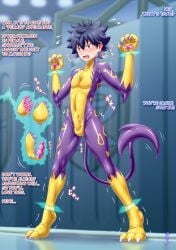 anthro blue_body blue_hair breasts bulge clothing dildo gender_transformation generation_5_pokemon hair human liepard magic male mammal mtf_transformation nintendo omoi pokemon pokemon_(species) sex_toy solo suit transformation vaginal_penetration yellow_body