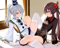 2girls ai_generated catfight clothed competitive competitive_sex crossover genshin_impact hu_tao_(genshin_impact) mononobe_no_futo sexfight touhou tribadism tribadism_through_clothing yuri