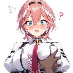 ? ai_generated big_breasts blue_eyes blush blushing blushing_at_viewer breast_grab brown_skinned_male embarrassed embarrassed_female groping groping_breast hand_on_breast hololive hololive_japan holox question_mark sexual_assault sexual_harassment short_hair_female short_pink_hair surprised surprised_expression takane_lui viewer_pov virtual_youtuber vtuber white_background