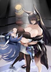 2girls animal_ears artist_request azur_lane bearhug catfight dominant female fight fighting high_heels high_quality highres huge_breasts japanese_clothes long_hair musashi_(azur_lane) new_jersey_(azur_lane) smiling_at_another smirk smirking tagme wrestler wrestling wrestling_ring wrestlingryona