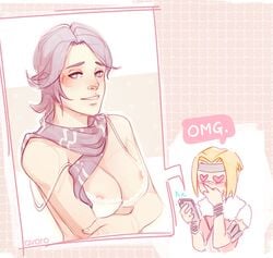 2girls areolae athena athena_(borderlands) blush blushing borderlands borderlands_the_presequel bra breasts heart_eyes janey_springs multiple_girls nipple_slip nipples qvoro tales_from_the_borderlands texting undressing white_bra wife_and_wife yuri