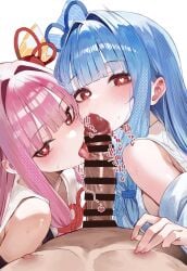 1boy 2girls absurdres bar_censor bare_shoulders bisexual bisexual_female blue_hair blue_ribbon blunt_bangs blush censored collaborative_fellatio cooperative_fellatio detached_sleeves erection fellatio ffm_threesome fingernails group_sex hair_intakes hair_ribbon heart heart-shaped_pupils highres kotonoha_akane kotonoha_aoi licking licking_penis long_hair looking_at_viewer multiple_girls nipple_stimulation one_side_up oral penis pink_hair pov red_eyes red_ribbon ribbon siblings sisters sound_effects suujiniku sweat symbol-shaped_pupils teamwork_(sexual) threesome tongue tongue_out veins veiny_penis voiceroid