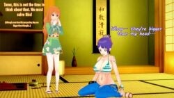 2girls belly bra breasts_bigger_than_head cleavage english_text female female_only happy head_swap hourglass_figure huge_breasts japanese_clothes jeans kimono koikatsu kurozumi_tama light-skinned_female light_skin long_hair mrvic52 nami_(one_piece) navel one_piece open_mouth orange_hair otama_(one_piece) purple_hair short_hair tattoo