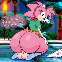 2023 accessory amy_rose anthro anus artist_name ass balls big_balls black_eyes black_nose bodily_fluids bottomless classic_amy_rose classic_sonic_(universe) clothed clothing clothing_aside countershading english_text eulipotyphlan eyelashes female footwear genitals gloves green_clothing green_shirt green_topwear hair handwear head_tuft headband hedgehog hi_res intersex kneeling looking_at_viewer looking_back looking_back_at_viewer mammal panties pink_ears pink_hair pink_quills pink_tail rear_view red_headband screencap screencap_background sega shirt short_tail sitting socks sonic_superstars sonic_the_hedgehog_(series) spectatostudios sweat sweat_stain sweatdrop sweaty_butt tail talking_to_viewer tan_arms tan_body tan_countershading tan_inner_ear tan_skin text thick_eyelashes topwear tuft underwear watermark white_clothing white_gloves white_handwear