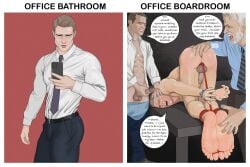 3boys business_attire business_man crying facial_hair falstafflouis feet finger_in_ass handcuffs human human_only male male_feet male_only mark_(falstafflouis) masturbation nude nude_male precum precum_string rope shirt_open speech_bubble tears tickle_torture tickling tickling_feet