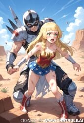 ai_generated angry armor armor_break armored_female bad_guy blonde_hair clothing_damage cuts cuts_on_arms cuts_on_thighs damaged_clothes damaged_clothing defeated defeated_heroine desert female fight imminent_penetration imminent_rape imminent_sex injured injury lillie_(pokemon) lv99slime pokemon sand wonder_woman wonder_woman_(cosplay) wonder_woman_(series)