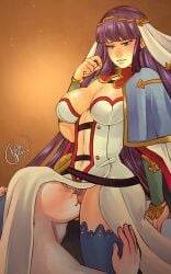 1boy1girl anonymous_male artist_logo blue_eyes blush blushing blushing_female circlet cleavage clothed clothed_female_nude_male commission commission_art commissioner_upload cunnilingus embarrassed embarrassed_female faceless_male fate/grand_order fate_(series) kneeling large_breasts licking licking_pussy long_hair no_panties nude nude_male_clothed_female pale-skinned_male pale_skin palegloss pelvic_curtain pelvic_curtain_lift pubes pubic_hair purple_hair pussy saint_martha sitting sweat sweatdrop sweating tagme thigh_highs thighhighs thighs veil