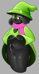 1boy 2025 anthro balls black_body black_clothing black_ears black_fur black_nose black_robe blush blush_lines bodily_fluids bovid caprine clothed clothing clothing_lift darkner deltarune digital_media_(artwork) eyewear fur genital_fluids genitals glasses goat green_clothing green_eyewear green_glasses green_hat green_headwear green_robe grey_background hat headgear headwear heart_symbol male male_only mammal multicolored_clothing multicolored_robe penis pink_scarf precum presenting presenting_penis ralsei robe robe_lift rydryd scarf simple_background small_balls small_penis solo standing two_tone_clothing two_tone_robe undertale_(series) white_eyes