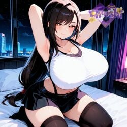1female 1girls ai_generated arushi ass big_breasts big_thighs blush breasts bright_pupils closed_mouth clothed clothing curvaceous curvaceous_female curvaceous_figure curves curvy curvy_body curvy_female curvy_figure curvy_hips curvy_thighs female final_fantasy final_fantasy_vii fully_clothed gigantic_breasts hands_behind_head huge_breasts huge_thighs kneeling large_ass large_breasts large_butt large_thighs looking_at_viewer massive_breasts more_at_source navel night night_sky on_bed skirt smile smug thick thick_hips thick_legs thick_thighs thighhighs thighs tifa_lockhart voluptuous voluptuous_female wide_hips