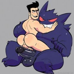 ai_generated blush dominant domination domination/submission evil_grin gay gengar huge_cock human pokemon pokemon_(species) pokemon_trainer pokephilia precum sitting_on_lap sitting_on_penis straddling