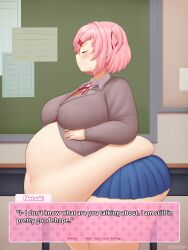 1girls bbw blush davielwfries dialogue doki_doki_literature_club fat fat_thighs female female_only huge_ass huge_belly human natsuki_(doki_doki_literature_club) overweight overweight_female side_view skindentation solo solo_female standing text thick_thighs weight_gain weight_gain_denial