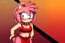 2d 2d_(artwork) 2d_artwork ai_art ai_generated amy_rose bare_arms bare_legs bare_midriff bare_shoulders bare_thighs belly_button bikini bikini_top black_collar black_spiked_collar blue_ear_piercing blue_ear_ring blue_earring blue_earrings blush blush_lines bracelet chain_leash chained chained_collar chained_up chains cleavage collar ear_piercing ear_ring earring earrings eyelashes gold_(metal) gold_bracelets gold_jewelry golden_bracelets green_eyes hairband hedgehog hedgehog_ears hedgehog_girl hedgehog_humanoid hedgehog_nose hedgehog_tail hourglass_figure hourglass_figured_female leash leash_and_collar leash_pull leashed_collar leashed_female loincloth metal_collar midriff mobian mobian_(species) mobian_hedgehog mobians.ai navel pink_fur pink_hair pink_quills red_bikini red_bikini_top red_hairband red_loincloth short_hair slave slave_bikini slave_collar slave_outfit slavegirl small_boobs small_breasts sonic_(series) sonic_the_hedgehog_(series) spiked_collar sweat sweatdrop sweating sweating_breasts sweating_female sweaty sweaty_body sweaty_breasts sweaty_butt sweaty_legs sweaty_thighs