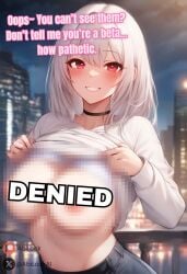 ai_generated beta_safe blush breasts censored exhibitionism female female femdom humiliated humiliation nude nude_female partially_clothed red_eyes solo teasing teasing_viewer white_hair