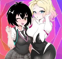 big_breasts big_butt big_thighs big_titties black_hair clothing curvaceous curvaceous_female curvaceous_figure curvy curvy_figure curvy_hips female female_focus female_only gwen_stacy hatzuhatzu looking_at_viewer peni_parker short_hair spider-gwen spider-man:_across_the_spider-verse spider-man:_into_the_spider-verse yellow_hair