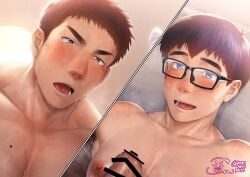 2boys after_anal after_sex big_areola big_nipples big_penis blue_eyes blue_hair blush brown_eyes brown_hair ceiling ceiling_light censor_bar censored censored_penis chest_hair collarbone completely_nude dark_penis duo erect_nipples erection foreskin gay glasses hi_res huge_areolae huge_nipples konpenpen laugh looking_at_another looking_pleasured lying lying_on_back male male/male male_only mature_male mole mole_on_breast muscles muscular muscular_male nipple_hair original original_character pecs penis_on_breast pointless_censoring pull_out sex short_hair sweat sweatdrop sweating sweaty thick_eyebrows thick_neck thick_penis two_panel_image uncircumcised uncut unretracted_foreskin veiny_penis yaoi