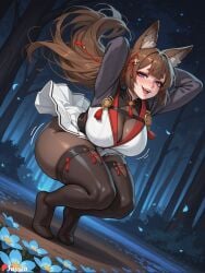 :d ai_generated amagi_(azur_lane) animal_ear_fluff animal_ears arms_behind_head arms_up bangs blue_flower blush bodystocking bodysuit breasts brown_hair cleavage cute dutch_angle female female_only floating_hair flower forest fox_ears full_body hair_ornament huge_ass huge_breasts juswa large_ass large_breasts long_hair looking_at_viewer nature night open_mouth outdoors pantyhose pleated_skirt purple_eyes skirt smile solo squatting thicc thick_thighs thighhighs thighs tiptoes tree white_skirt wind wind_lift