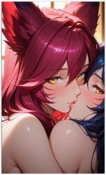 2females 2girls 2women ahri ai_generated girl_on_girl league_of_legends lesbian_couple lesbian_domination lesbian_focus lesbian_kiss lesbian_sex vastaya xayah yuri yuri yuri