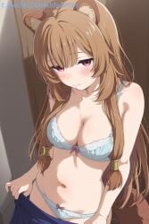 1female 1girl 1girls ai_generated animal_ear_fluff animal_ears blue_bra blue_panties blue_skirt blush bow bow_bra bow_panties bra breasts brown_hair cleavage closed_mouth collarbone commentary_request female female_focus female_solo hair_tubes indoors long_hair looking_at_viewer medium_breasts navel panties raccoon_ears raccoon_girl raccoon_tail raphtalia red_eyes skirt solo stable_diffusion stomach tail tate_no_yuusha_no_nariagari the_rising_of_the_shield_hero underwear undressing zelanell