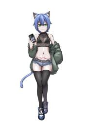 1boy animal_ears bare_shoulders bishounen cat_boy cat_ears cat_tail cellphone collarbone commission crossdressing femboy fishnet_top fishnets flat_chest full_body green_eyes green_jacket grimbell highres holding holding_phone indie_virtual_youtuber jacket light_smile male male_only micro_shorts monori-chan navel otoko_no_ko panties phone pubic_tattoo revealing_clothes shoes shorts smartphone smug sneakers solo stomach string_panties tail tattoo thighhighs thighs transparent_background triangle_bra underwear