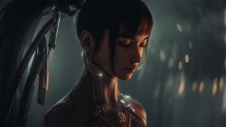 2025 3d android blender closed_eyes dark_hair earrings eve_(stellar_blade) eyebrows eyelashes female female_focus female_only lips lipstick long_ponytail night ponytail stellar_blade suit white_skin