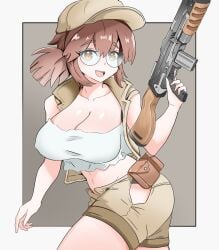 1girls 2025 2d 2d_(artwork) big_ass big_breasts big_butt big_thighs big_titties brown_hair clothed_female clothing curvaceous curvaceous_female curvaceous_figure curvy curvy_figure curvy_hips female female_focus female_only fio_germi glasses gun hatzuhatzu human italian_female looking_at_viewer metal_slug nerd nerdy_female questionable rifle solo weapon white_border
