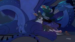 after_sex animal_genitalia anthro anthro_on_feral anus ass blush bodily_fluids chrymin claws closed_eyes cum cum_in_ass cum_inside cum_on_butt digital_media_(artwork) dragon duo feral fur genital_fluids genital_slit genitals hi_res interspecies kiss_on_lips kissing male male/male manokit membrane_(anatomy) membranous_wings mount/rider_relations mythological_creature mythological_scalie mythology nightwing_(wof) nude penis scales scalie sex simple_background size_difference tail wings wings_of_fire zoophilia