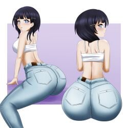 asaka_karin ass big_ass blue_eyes blue_hair breasts danzfloor huge_ass jeans love_live! love_live!_nijigasaki_high_school_idol_club medium_hair simple_background