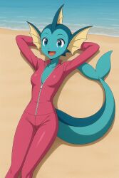 ai_generated anthropomorphic beach blue_eyes fins hands_behind_head pink_jacket pokémon_(species) pokemon pokemon_(species) popped_collar tail unzipped vaporeon zipper