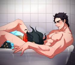 2boys bara bathroom bathtub black_hair blue_skin fellatio gay humanoid joestar_birthmark jojo's_bizarre_adventure jotaro_kujo less_end male_only masturbation muscular muscular_male nipples oral oral_sex selfcest spread_legs stand_(jjba) standcest star_platinum stardust_crusaders wet yaoi