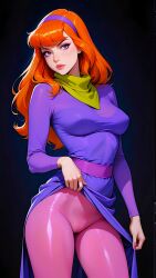 ai_generated cameltoe daphne_blake dress_lift looking_at_viewer pantyhose scooby-doo thighs