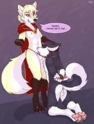 anthro anus arms_tied balls black_body black_fur black_nose blue_eyes bound butt canid canine canis cape claws clothing clovis_(twokinds) collar curled_tail deep_throat dialogue digit_ring digitigrade domestic_dog duo ears_back eye_contact feet fellatio forced forced_oral fox fur gem genitals gloves_(marking) hand_on_head hi_res husky hybrid jewelry keidran kneeling knot knotted_penis leash leash_pull leg_markings looking_at_another male male/male mammal markings mostly_nude nipples nordic_sled_dog notched_ear nude oral oral_penetration pawpads paws penetration penile penis pink_nose pink_pawpads pivoted_ears red_eyes ring ruth66 sex simple_background smile socks_(marking) speech_bubble spitz tail toe_ring toes twokinds white_body white_fur wolf yellow_body yellow_fur