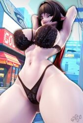 3d_(artwork) abs alternate_species anthro ass barely_visible_vulva big_breasts black_bra black_clothing black_panties black_underwear blue_eyes bra breasts butt_from_the_front clothing digital_media_(artwork) ear_piercing ear_ring female geodat64 hair hands_behind_head hi_res huge_breasts jane_doe_(zenless_zone_zero) lingerie long_hair mammal mihoyo murid murine naughty_face panties piercing pointy_ears rat ring_piercing rodent smile smirk solo thick_thighs underwear watermark wide_hips zenless_zone_zero
