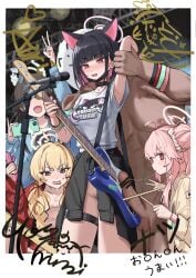 1boy 4girls :d after-school_sweets_club_(blue_archive) ahoge airi_(band)_(blue_archive) airi_(blue_archive) animal_ears arm_up armpits black_collar black_hair black_jacket black_mask blonde_hair blue_archive blue_jacket blunt_bangs blush border breasts brown_eyes brown_hair cat_ears cellphone clothes_around_waist collar colored_inner_hair covered_nipples doodle_sensei_(blue_archive) drumsticks earrings fake_photograph female_pubic_hair full-face_blush green_halo hair_bun hair_ornament hairclip halo highres holding holding_drumsticks holding_phone holding_plectrum jacket jacket_around_waist jewelry kazusa_(band)_(blue_archive) kazusa_(blue_archive) large_penis logo_print long_hair looking_at_viewer low_twintails mask mask_pull medium_breasts medium_hair mouth_mask multicolored_hair multiple_girls naked_jacket natsu_(band)_(blue_archive) natsu_(blue_archive) navel nipple_stimulation nipple_stimulation_through_clothes no_pants official_alternate_costume open_mouth peanut_mouth penis phone pink_hair pink_halo plectrum print_shirt pubic_hair red_eyes red_jacket saliva saliva_trail sawkm sensei_(blue_archive) shirt short_sleeves sidelocks small_breasts smartphone smile stage stomach surgical_mask t-shirt thigh_strap twintails v white_border white_shirt yellow_halo yellow_jacket yoshimi_(band)_(blue_archive) yoshimi_(blue_archive)
