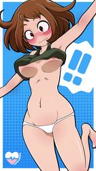 1girls areolae blush breasts brown_hair cinnamon6 clothing eyebrows_visible_through_hair female female_only hair large_breasts light-skinned_female light_skin my_hero_academia nipple_slip no_bra ochako_uraraka panties shirt_up solo tank_top watermark wavy_mouth white_panties wide_hips