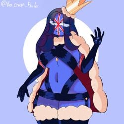 countryhumans countryhumans_girl united_kingdom_(countryhumans) kei_chan_pizdec 1girls female female_focus female_only female_solo blue_skin blue_skinned_female blue_hair crown british british_female british_flag clothed clothed_female breasts tits big_breasts big_tits thick_thighs thighs white_eyes gloves blue_background simple_background tagme artist_name artist_signature