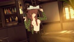 bare_breasts black_cowboy_hat black_vest braids breasts coral_brown_hair cowgirl_outfit green_eyes green_shirt grinning_at_viewer monika_(doki_doki_literature_club) revolver shirt_open white_bow