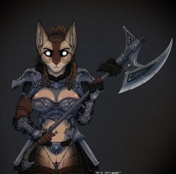 absurd_res anthro armor axe battle_axe belly_piercing boots breasts brown_body brown_fur cleavage clothed clothing colored draugr dreadlocks ear_piercing ear_ring exposed_belly exposed_bicep felid female footwear fur fur_clothing gauntlets gloves glowing glowing_eyes handwear hi_res holding_axe holding_object holding_weapon inner_ear_fluff khajiit lkuita_(normalmoniker) mammal microsoft pauldron piercing ring_piercing shaded shoes simple_background solo steel_armor stern stern_look striped_body striped_fur stripes the_elder_scrolls tuft vulva weapon wulfy-deacon