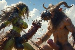 1boy 1futa abs ai_generated animal_genitalia_on_humanoid ball_and_chain_(weapon) battle beastman big_breasts big_penis breasts depraved247 duel futanari horsecock horsecock_futa horsecock_on_humanoid intersex male muscular orc orc_futa penis penis_weapon