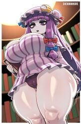 1girls ai_generated bags_under_eyes big_ass big_breasts breasts cameltoe cleavage eyebrows from_below full_body hairy_pussy looking_at_viewer open_mouth patchouli_knowledge purple_hair shewwwhore solo solo_focus thick_eyebrows thick_thighs touhou