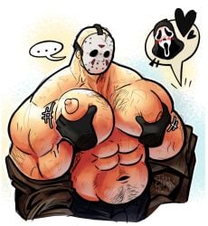 abs bara bara_tits big_pecs blush crossover disembodied_hand erect_nipples friday_the_13th gay ghostface gloves grope groping groping_pecs hairy hairy_male its_coldpizzart jason_voorhees man_boobs masked masked_male moobs muscular muscular_male nipples pants pecs pecs_grab pecs_touching scream_(franchise) topless topless_male yaoi