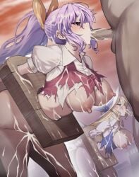 2girls 3boys blonde_hair bondage breasts commentary_request cum cum_on_body empty_eyes fellatio high_ponytail jony_(avion_mura) multiple_boys multiple_girls nipples oral parallel_spitroast pillory purple_hair restrained spitroast torn_clothes touhou watatsuki_no_toyohime watatsuki_no_yorihime