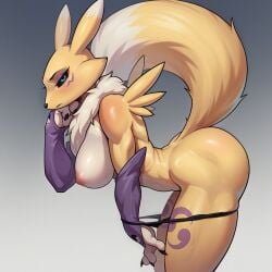 2024 3_fingers ai_generated anthro athletic bent_over black_sclera blue_eyes clothing clothing_pull digimon eyeshadow female fur fur_collar hi_res large_breasts makeup markings panties renamon side_view simple_background small_waist solo underwear wheel_of_fortune_(director) yellow_body yellow_fur